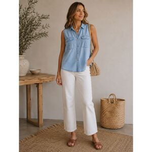 FSP Sleeveless Chambray Button Front Blouse Women's Size L 100% Lyocell Top